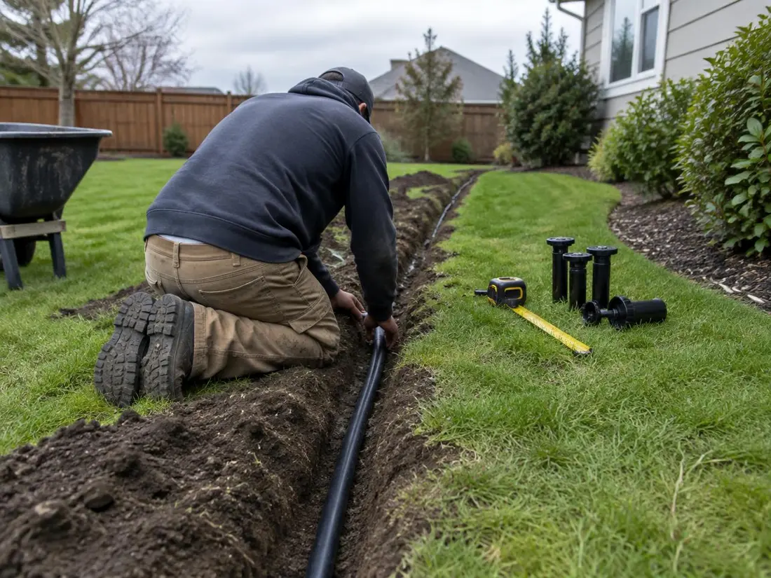 An irrigation installer kneeling beside a trench, laying black poly pipe across a backyard lawn