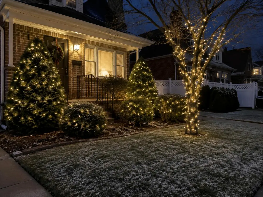Evergreen shrubs and a front-yard tree wrapped in warm white holiday lights at night