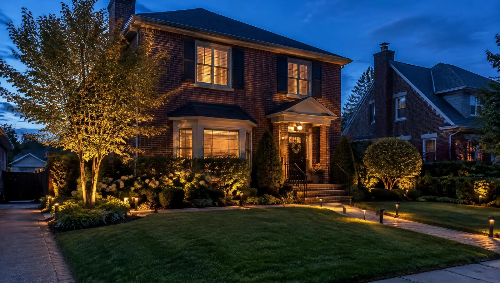 A brick home at dusk with warm path lights along the walk and up-lights on the shrubs and trees