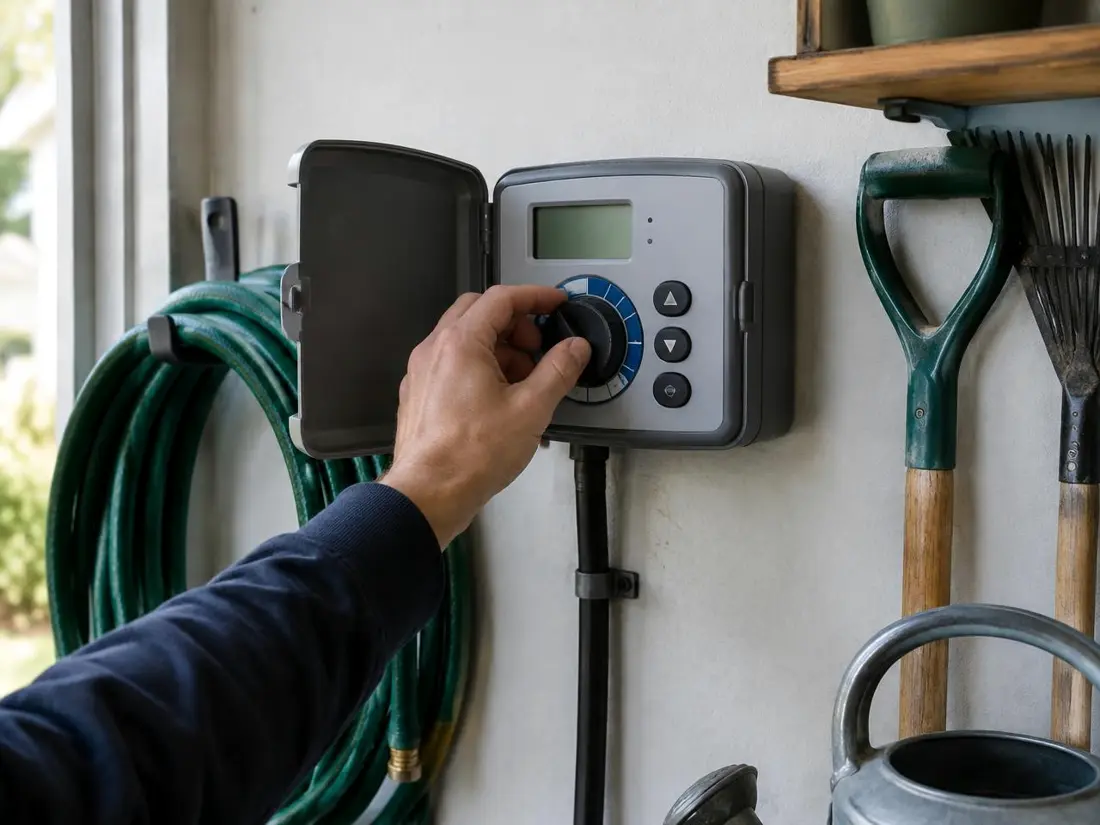A hand turning the dial on a wall-mounted irrigation controller in a garage