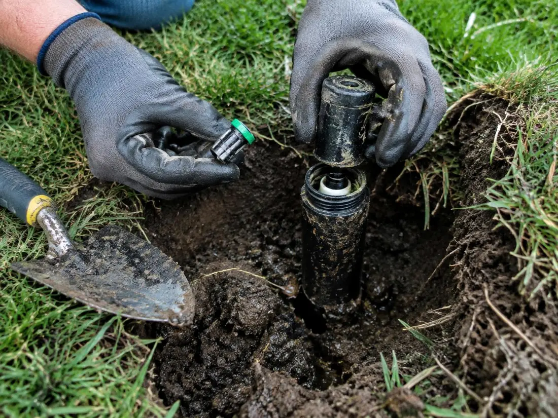 Gloved hands replacing the nozzle on a pop-up sprinkler head dug out of wet soil