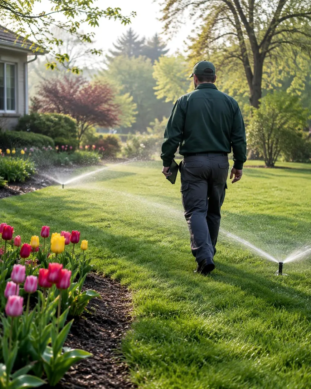 A technician walking a spring lawn while sprinklers run beside a bed of tulips