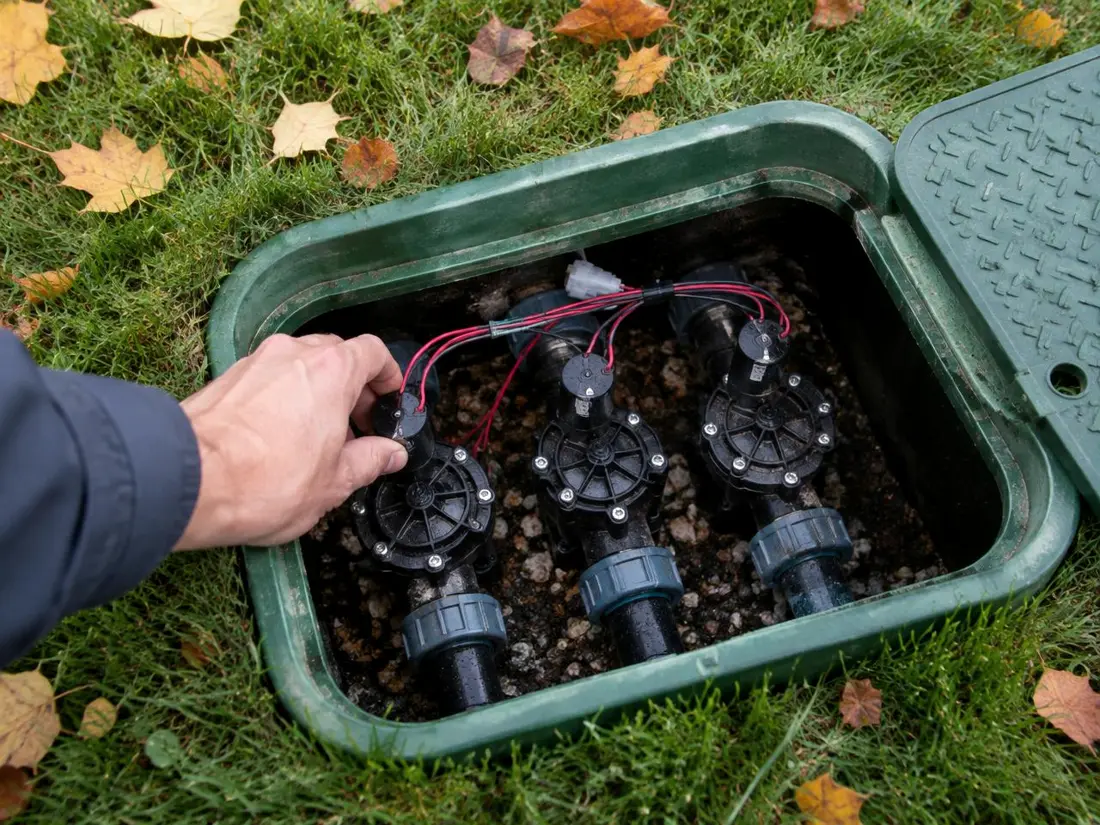An open valve box with three irrigation valves, surrounded by fallen autumn leaves
